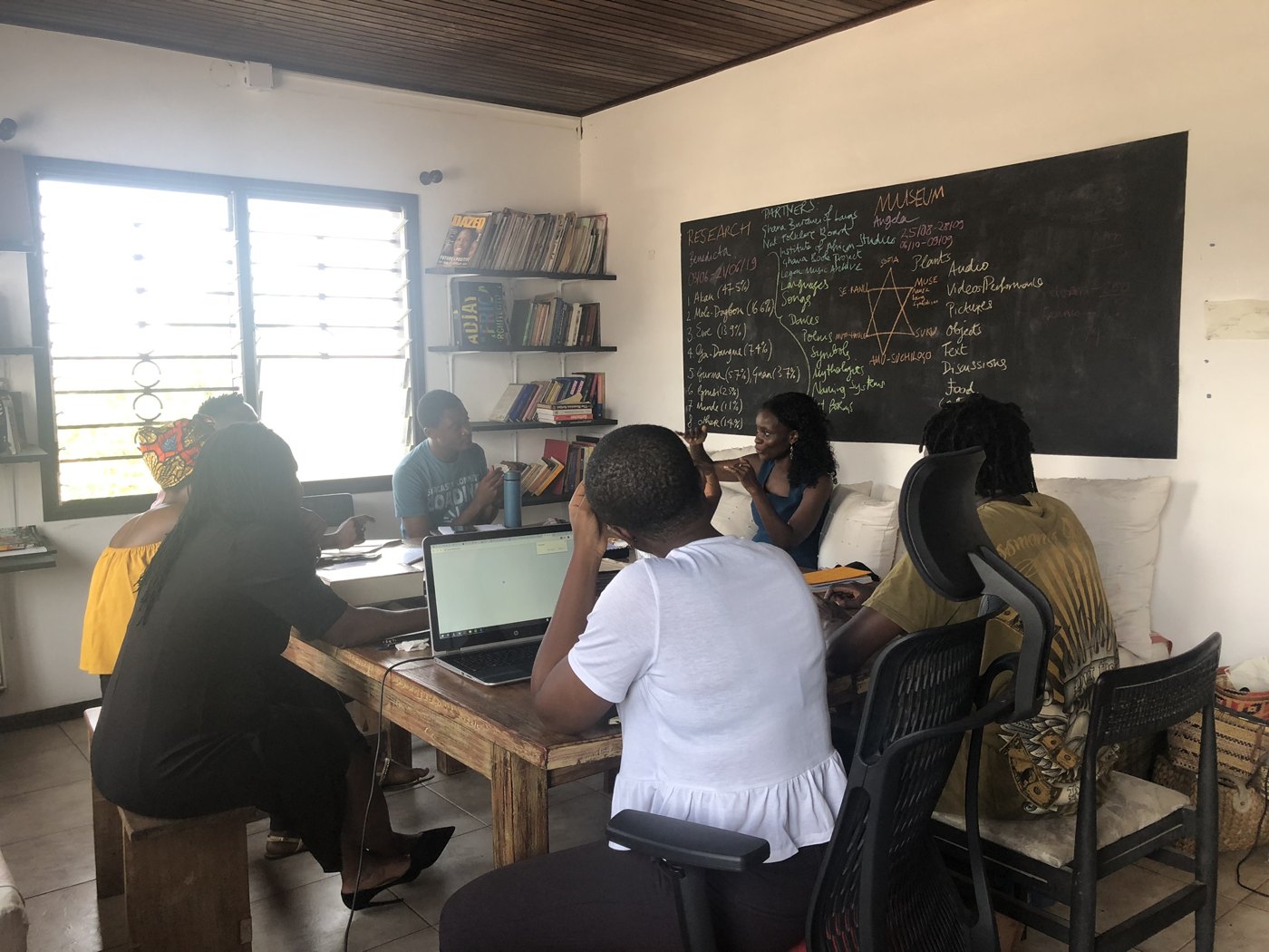 A research session in 2019, beneath a chalkboard of research plans